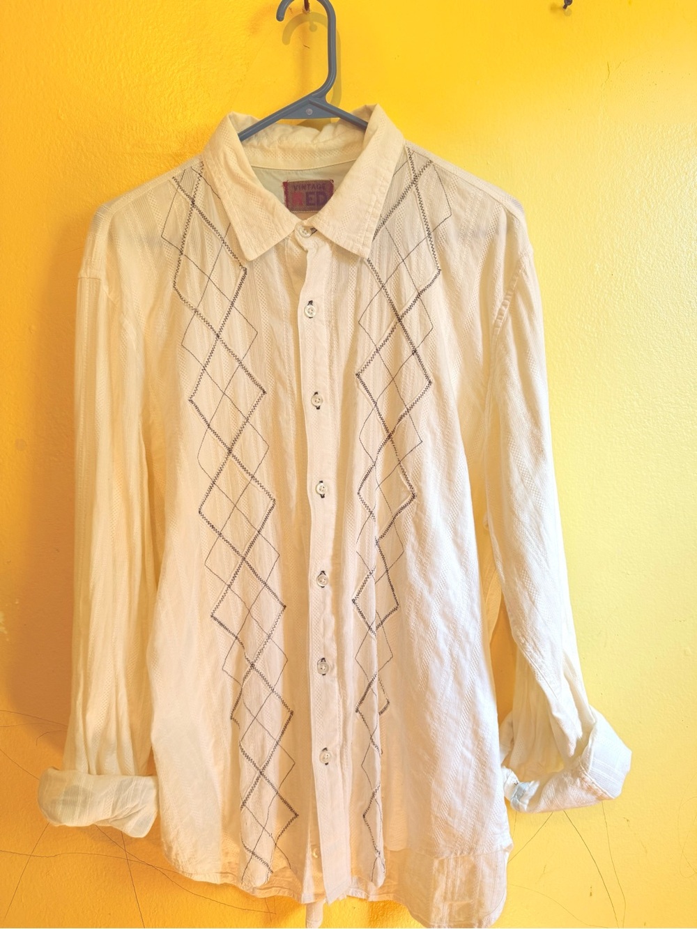 Men's Cream Diamond-Panel Casual Button-Down Shirt